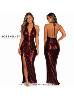 Rosevelvet Red Sequin Halter Backless Ruched Maxi Gown Small Y2K Glam